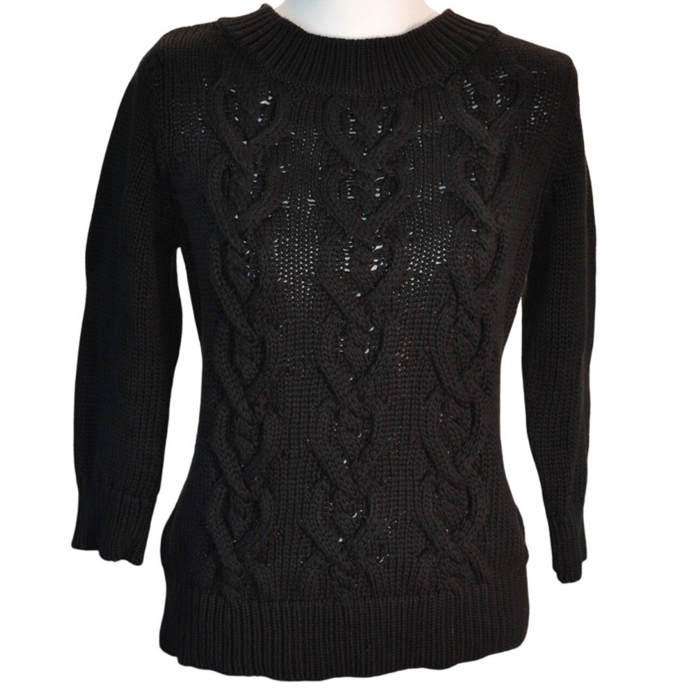 Talbots Petites Black Cable Knit Heart Pattern Cotton Sweater Large P 3/4 Sleeve
